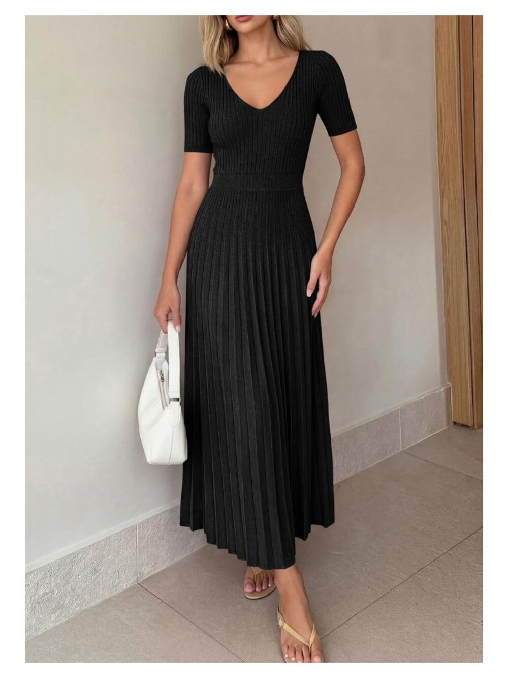 Women's V-Neck Pleated Midi Sweater Dress Short Sleeve Knit A-Line - Picture 7 of 7